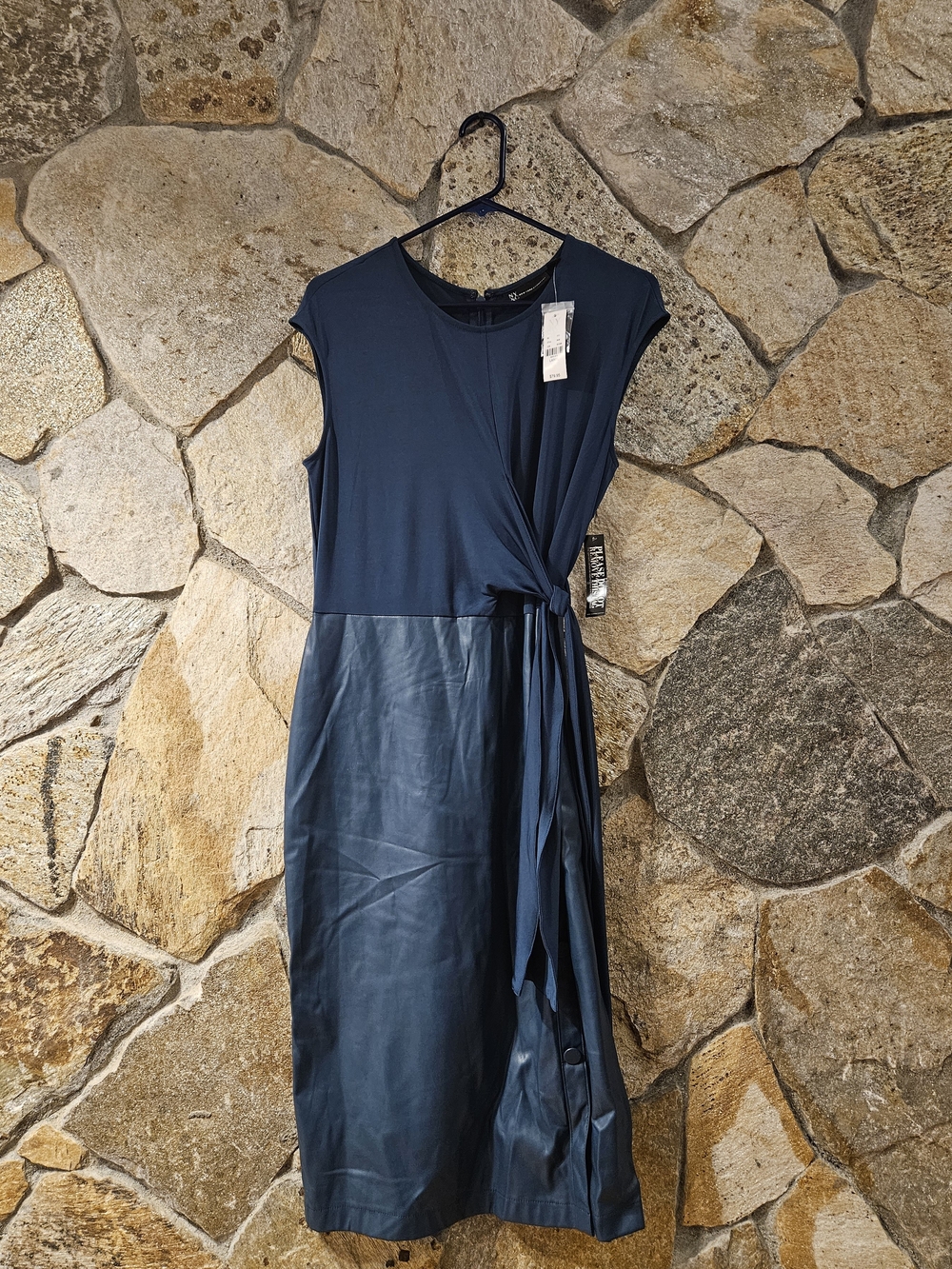 New York & Company Navy Faux-Leather Panel Midi Dress